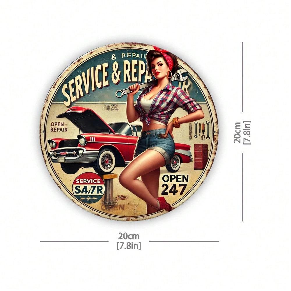 Retro Car Girl Metal Sign, Vintage 2D Wall Art, Waterproof Bar Decor