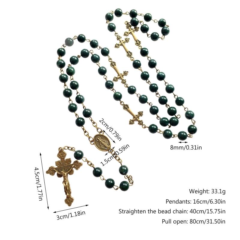 Green Pearl Beads Rosary Necklace with Medal & for Cross Crucifix Pendant Y Shape Necklace Jewelry Gifts for Women Men
