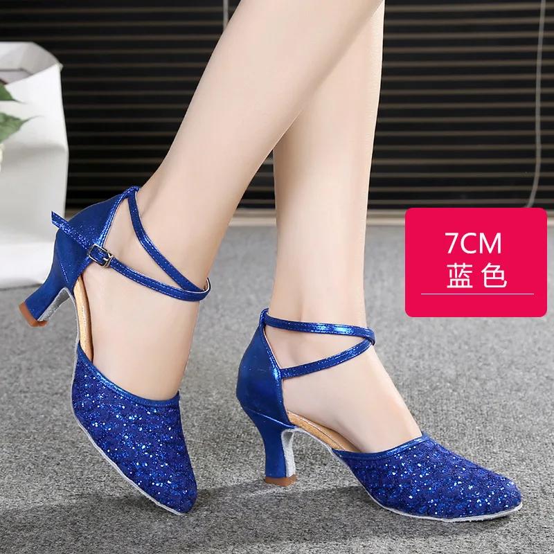 Módní moderní taneční boty pro ženy, boty na latinskoamerické tance se třpytivým síťovaným svrškem se sekviny, měkkou semišovou podrážkou a vysokými podpatky, černé boty