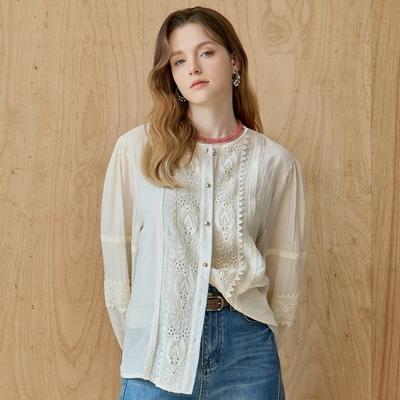 Eyelet Lace Cotton Blend Round Neck Blouse Ze06qb011nh