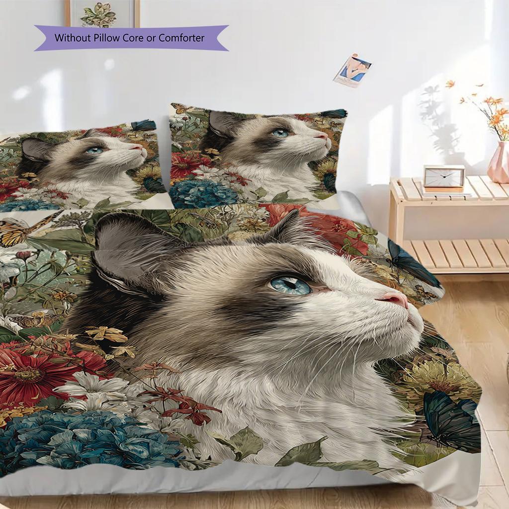 Maine Coon Pattern Bedding Quilt Set Quilt Cover Pillowcase Home Decoration Birthday Gift (1 * Duvet Cover + 2 * Pillowcase, Without Core)