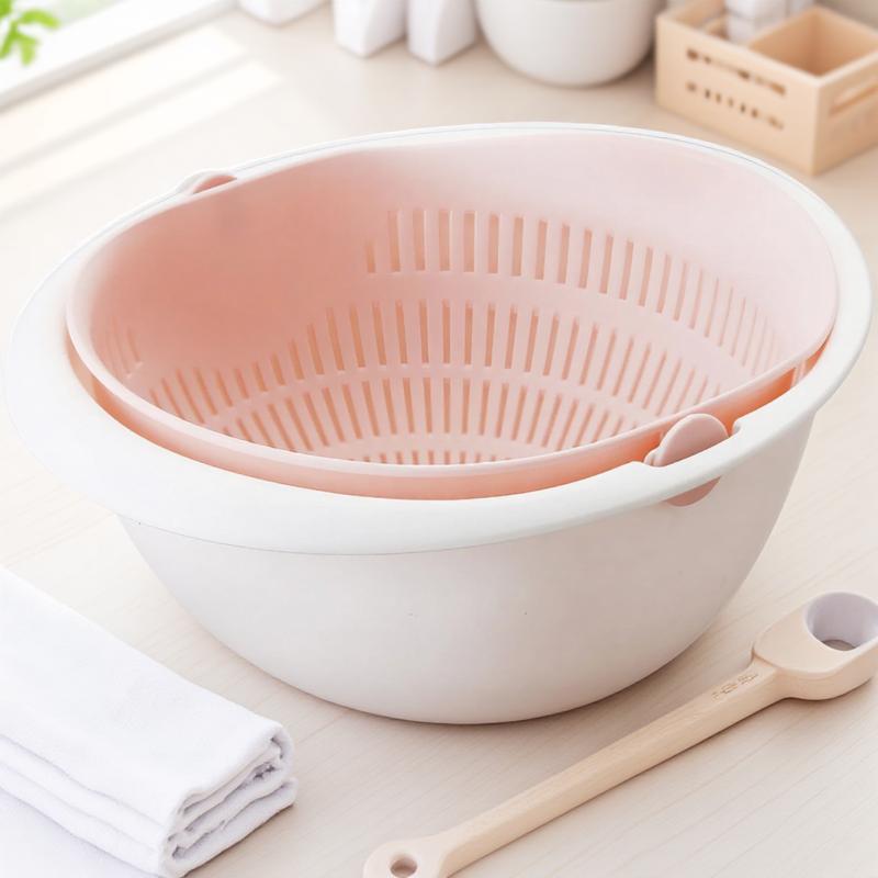 Kitchen Double Basin Drainer Strainer with Bowl Fresh Fruit Vegetable Cleaning Basket Essential Tool
