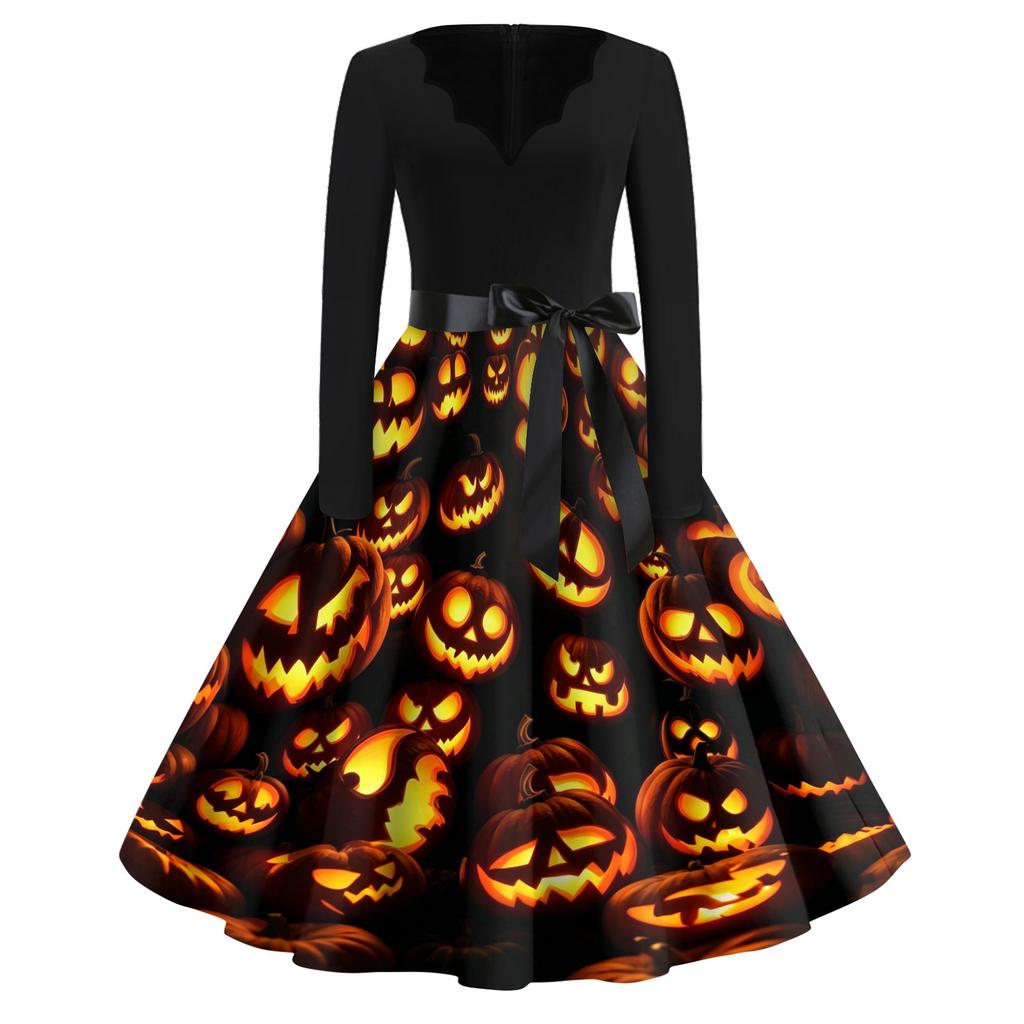 Women's Casual Vintage Halloween Dress V Neck Long Sleeve Bat Print A Line Skirt Retro Style Belted Waist Swing Dress