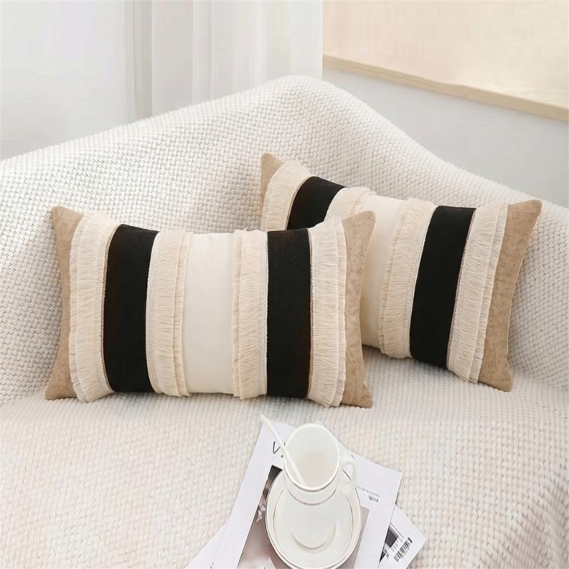 2Pcs Farmhouses Throw Pillow Cover Set, Patchwork Polyester Rectangular Shape With Fringe, 30 X 50 Cm Lumbar Cushion Covers for Home Decors