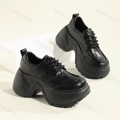Platform Black Leather Shoes Women Autumn New Vintage Height Increase Lace Up Single Shoes Fashion Outdoor Non Slip Casual Shoes