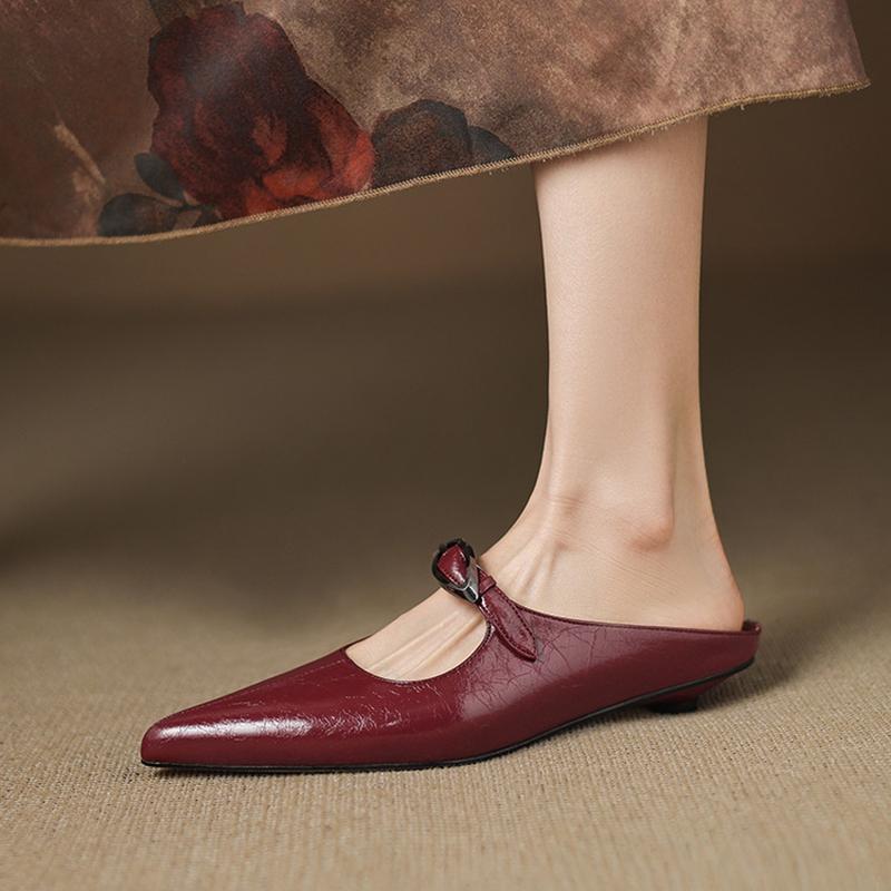 Fashion NEW Summer Women Mules Split Leather Shoes for Women Pointed Toe Low Heel Shoe Cover Toe Slingback Sandals Metal Buckle Slippers