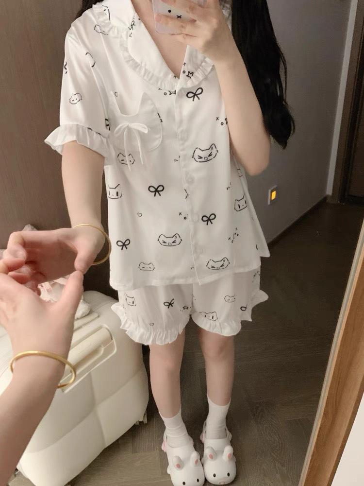 

Korean ins simple style kitten pajamas women s summer short-sleeved shorts cute suit can be worn outside casual loungewear S
