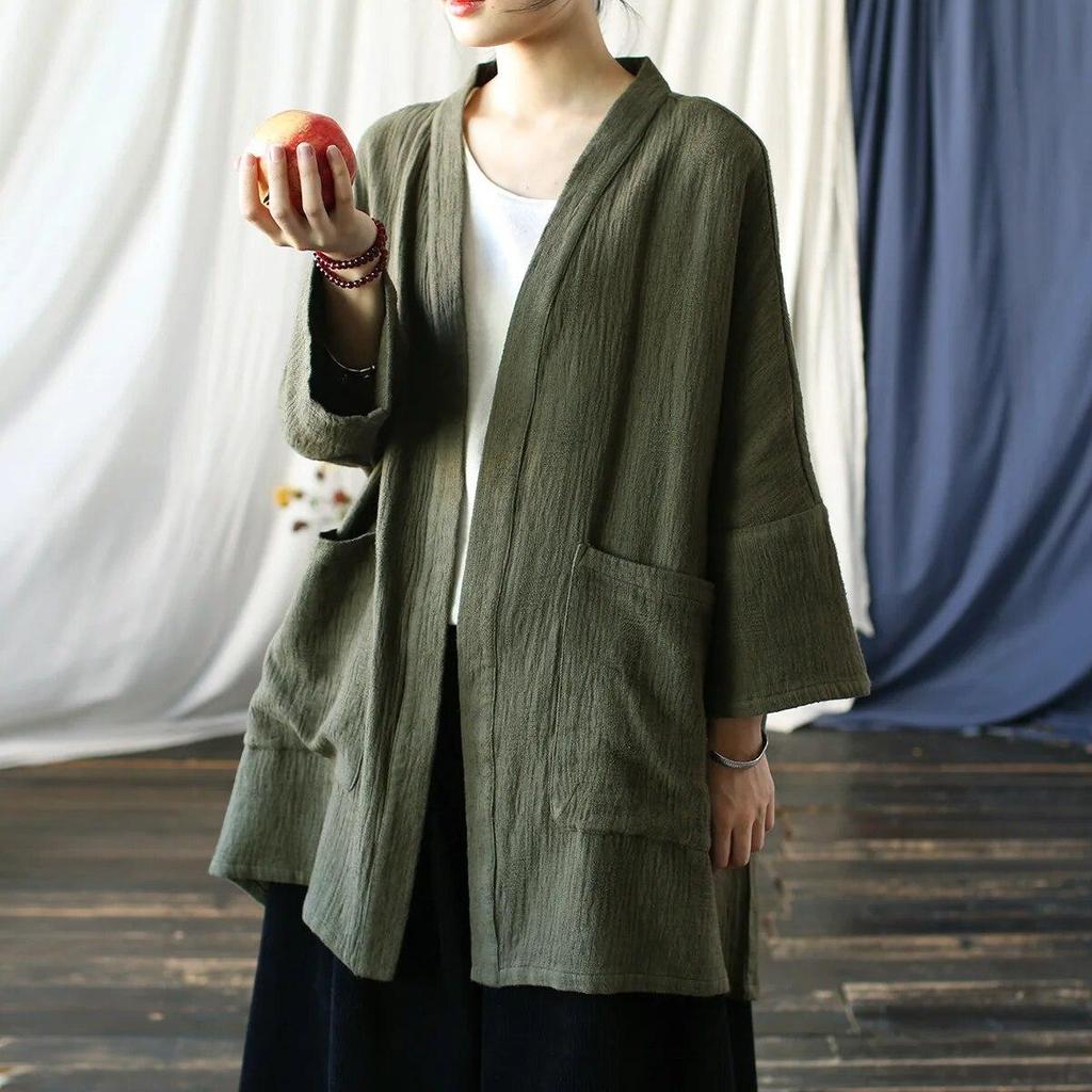 Johnature Women Vintage Shirts Tops Solid Color Pockets Soft Autumn Blouses Long Sleeve V-Neck Shirts