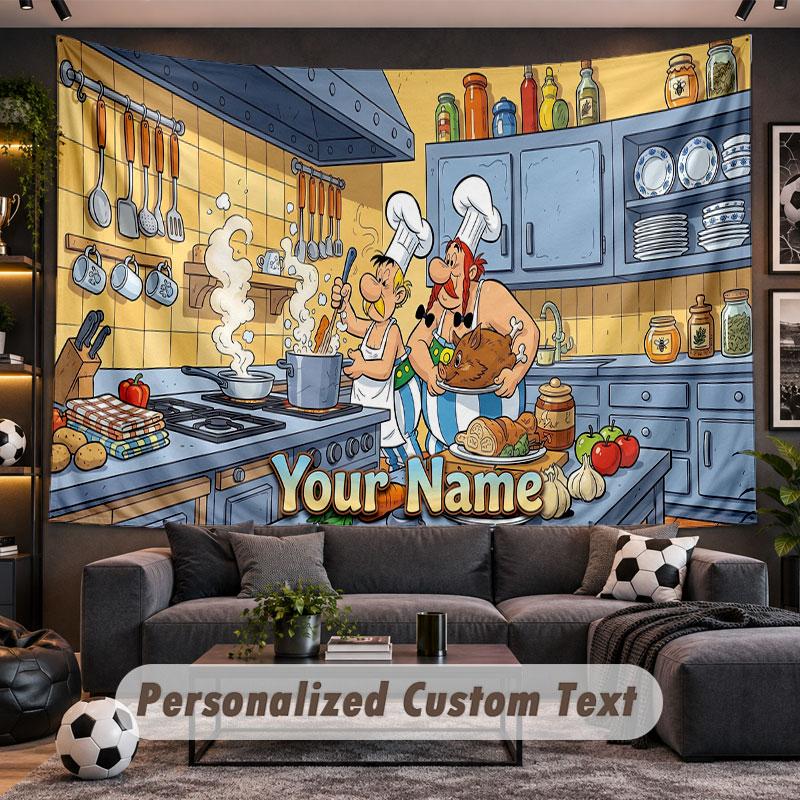 Wall Hanging Tapestry Custom NameAsterix & Obelix Pattern Personalized Printed Fabric Wall Decor