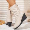 Women's Retro Pleated Pointed Toe Heel Mid-Calf Boots with Back Zipper for Fall Winter