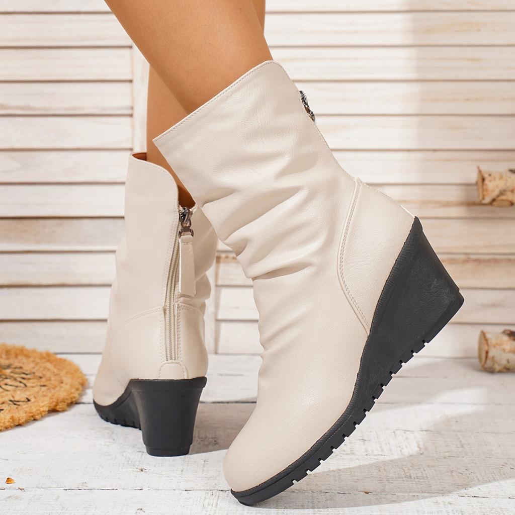 Women's Retro Pleated Pointed Toe Heel Mid-Calf Boots with Back Zipper for Fall Winter