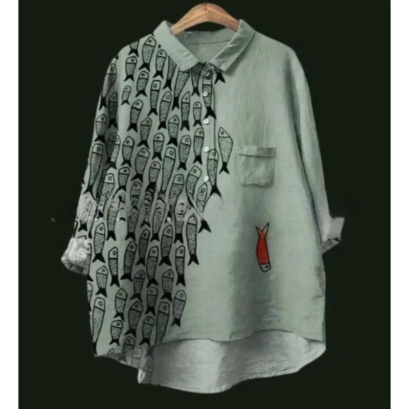 Summer Women's Loose Printed Round Neck Casual Plus Size Women's Long Sleeve T-shirt