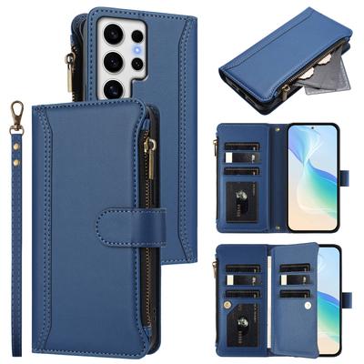 For Samsung Galaxy S24 Ultra Leather Case 9 Card Slots Zipper Wallet Stand Phone Cover with Wrist Strap