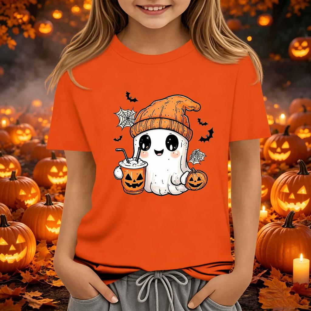 Kids Halloween Printed Neck Short Sleeve T-Shirt Loose Fit Casual Top