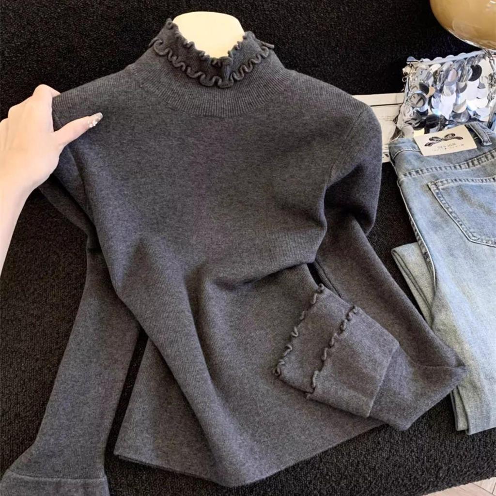 Women's Chic Solid Color Half-High Collar Top with Wood Ear Edge for Autumn & Winter
