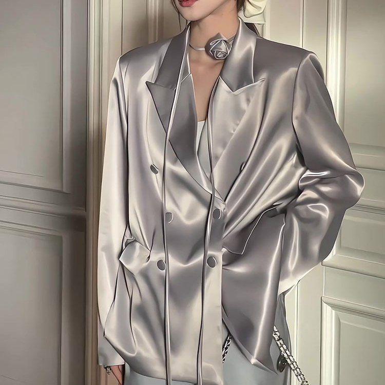 Niche Design Women's Satin Blazer - Double-Breasted, High-End Korean Fashion for Spring & Autumn 2025