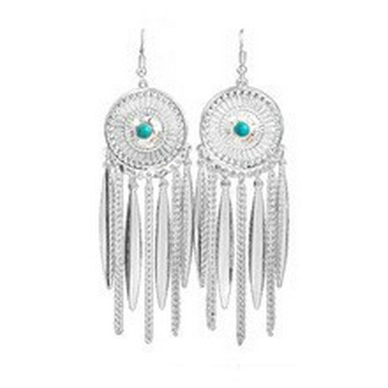 Boho Kolorowe Kolczyki Wiszące z Piórami i Chwostami - Etniczny Styl Srebrny Wzór Miao