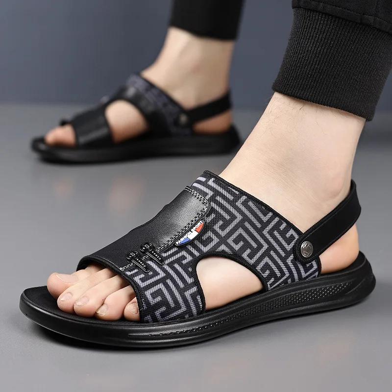 

New Men Shoes Summer Fashion Sandal Striped Print Flat Casual Slides Outdoor Cool Beach Shoes 44 чорний