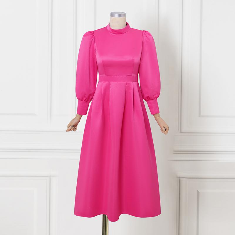 Elegant Women Stand Neck Puff Long Sleeve Casual Long Maxi Swing Dress