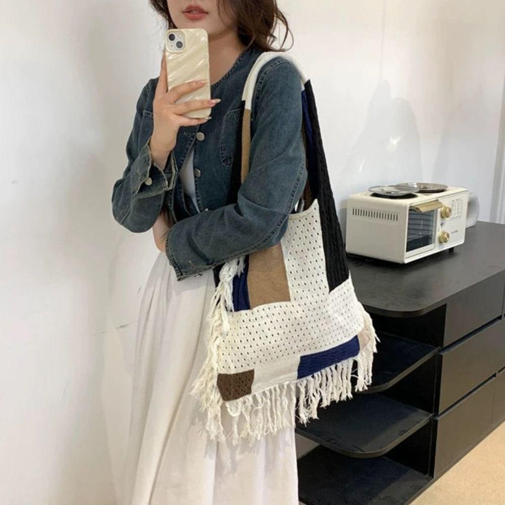 Casual Hollow Crochet Bag Soft Commuting Tote Bag Trendy Boho Style Handbag Outdoor
