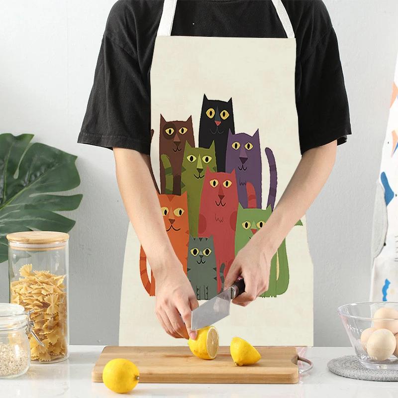 Süßes Katzenmuster Küchenschürzen Hauskochen Backen Leinen Reinigungs-Schürze Cartoon-Tier Ärmellose Schürze Hüftschürze