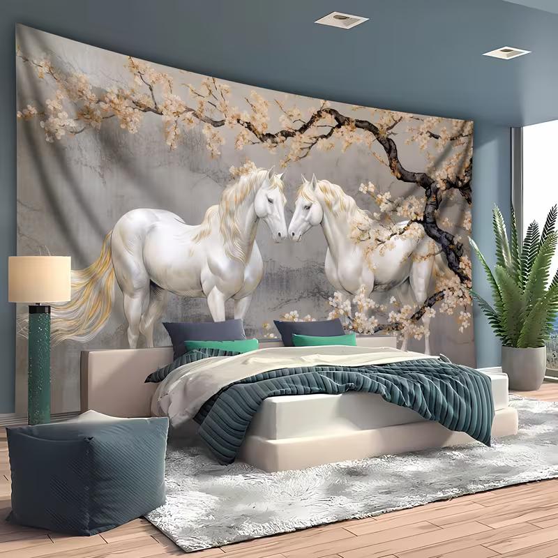 2D Sakura and White Horses Tapestry Romantic Floral and Animal Background Cloth