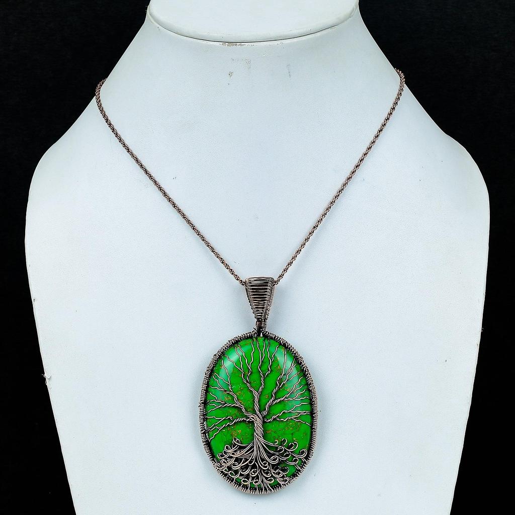 Green Copper Turquoise Pendant, 999 Copper Wire Wrap Tree Of Life Gemstone Jewelry, Handmade Pendant Amazing Jewelry, Gift For Her