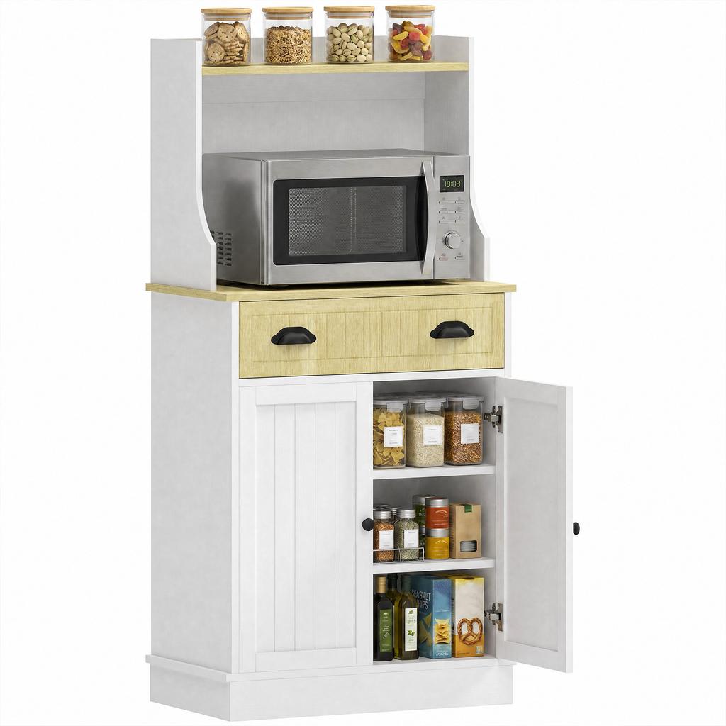 Microwave Cabinet, Open Space, 1 Drawer, 2-Door Cupboard, 61 x 35 x 125.4 cm, Oak