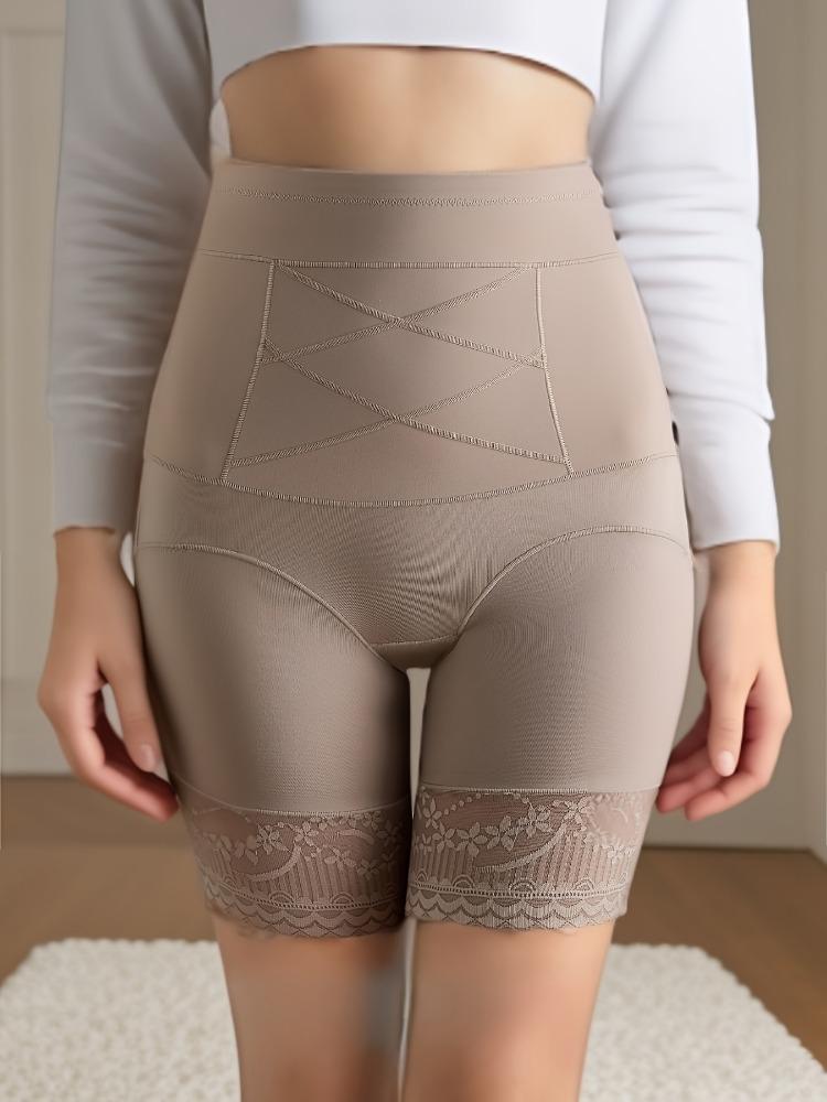 Women'S High-Waisted Tummy Control Shapewear Shorts, Solid Color with Contrast Lace Detail, Light Support Knit Fabric, Seamless Slimming Body Shaper