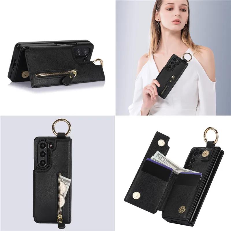 PU Leather Ring Zipper Wallet with Card Holder Phone Case for Samsung Galaxy Z Fold 6 5 4 3 Fold6 Fold5 Fold4 5G Kickstand Cover