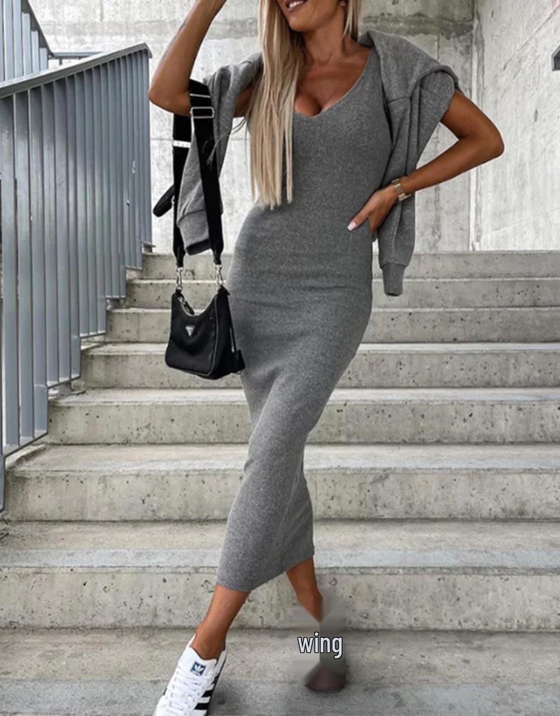 2023 New Autumn/Winter Two-Piece Vest Dress & V-Neck Sweatshirt Knitted Women's Set