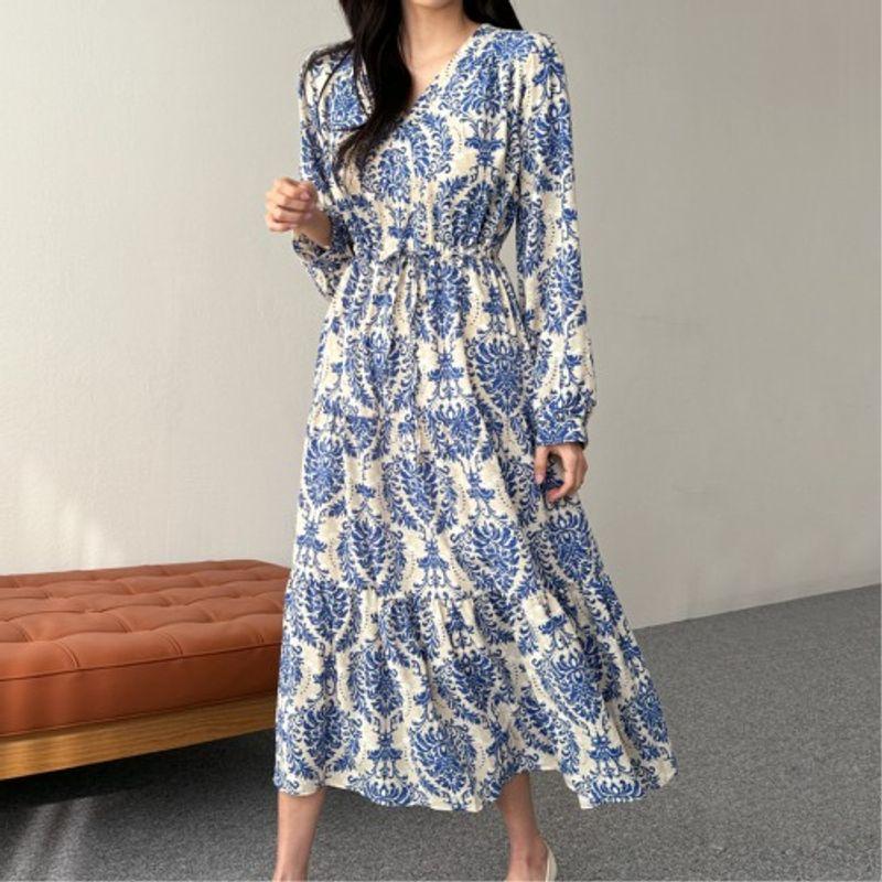 K-style Plus Size Women's Clothing V Neck Vintage Print Lace-up Waist Trimming Ruffles Mid Length Long Length Long Sleeves Dress Trendy Dress