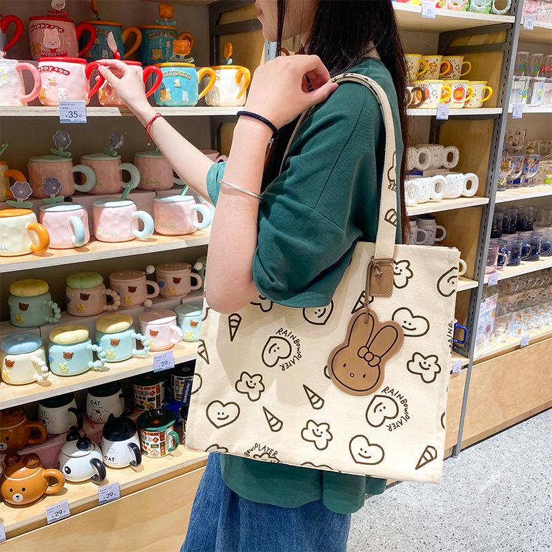 Cute Cartoon Canvas Shoulder Bag - Large Capacity, Fashionable & Versatile Heart Tote for Women
