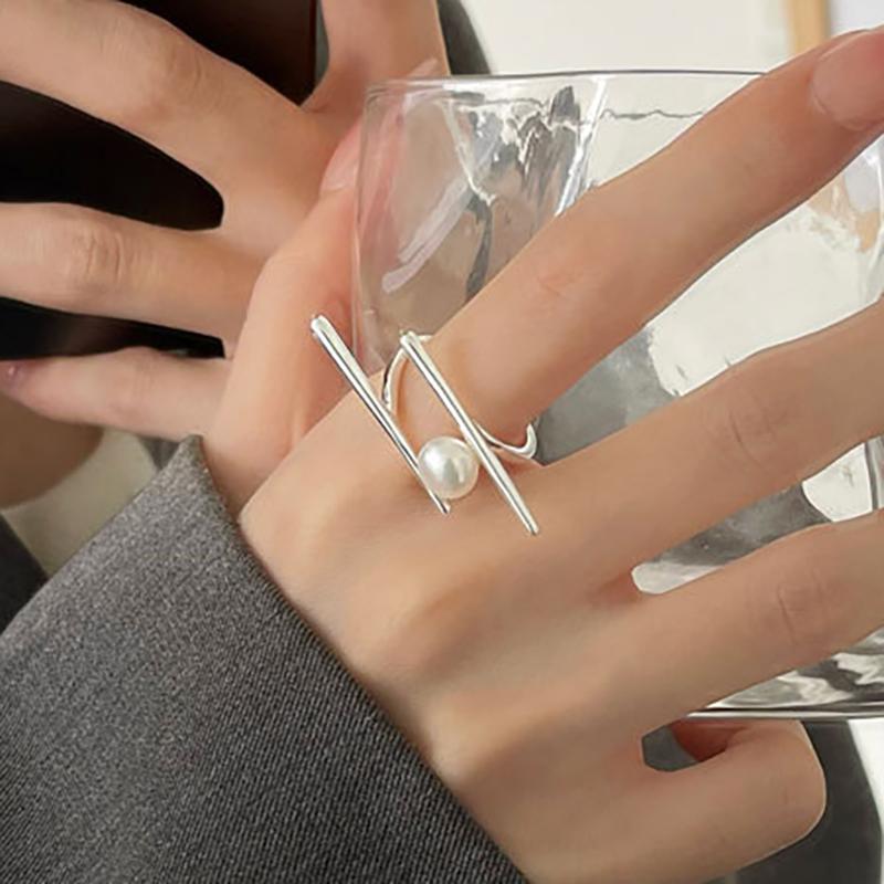 New Fashion 925 Silver Pearl Rings for Women Couples Creative Simple Geometric Handmade Birthday Party Jewelry Gifts