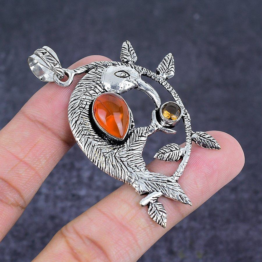 Natural Carnelian, Topaz Gemstone 925 Sterling Silver Jewelry Pendant 2.56" ETC-8560