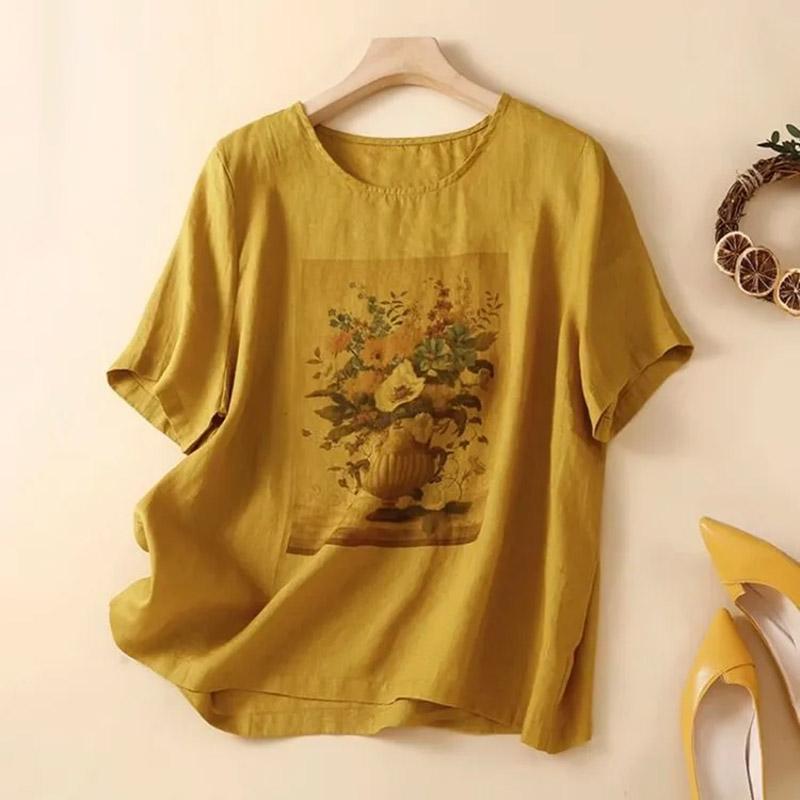 Cotton Short-sleeved T-shirt Female Summer Vintage Printed Round Neck Loose Thin Casual Hemp Blouse