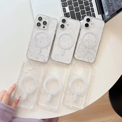 For Apple 16promax Transparent Glitter Star 17 Sequin Magnetic Phone Case for IPhone15 Glue Soft Case