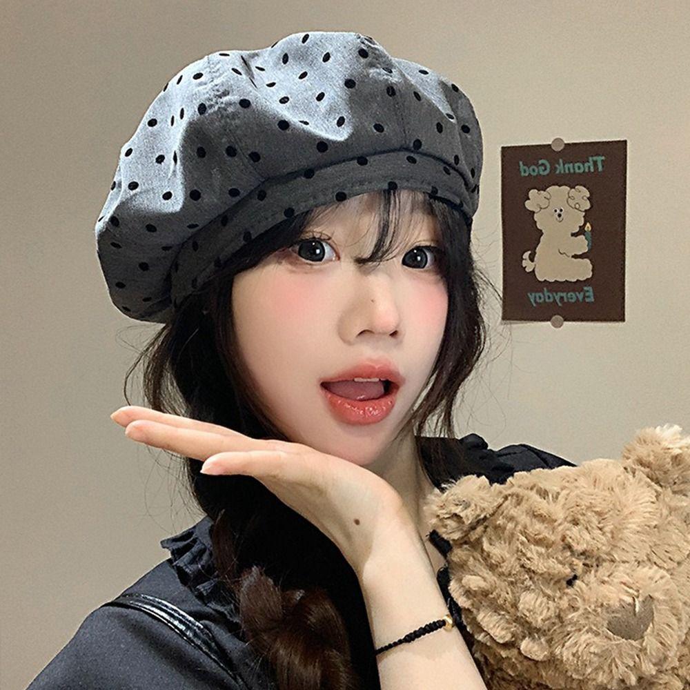 

Versatile Painter Berets Korean Beanie Cap Ins Polka Dot Berets Female сірий