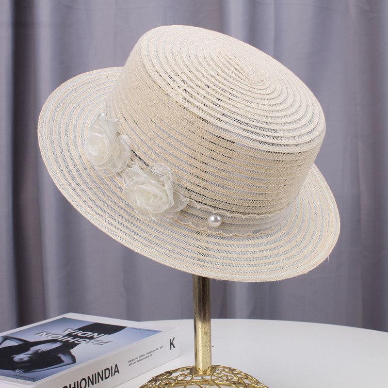 Transparent Straw Hat for Women Summer Beach Shade and Sun Protection Sun Hat Fashionable Temperament Floral Flat Top Hat