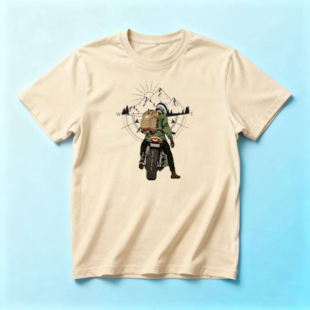 Mountain Compass Adventure Motorcycle RiderunisexSummer Cotton T Shirt Outdoor Biker Retro Graphic Short Sleeve Apparel