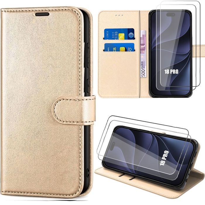 Coque + 2 Verres Trempés pour iPhone 18 Pro, Protection Antichoc Anti-Rayures Effet Cuir Doré