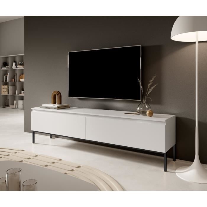 Meuble TV - SELSEY - Bemmi - 150 cm - Blanc, pieds noirs - Mélamine mate, style industriel
