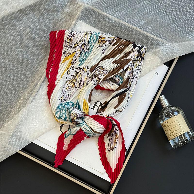 Wrinkled square scarf women's new imitation silk printing silk scarf high-end headscarf headband pleated small scarf shawl