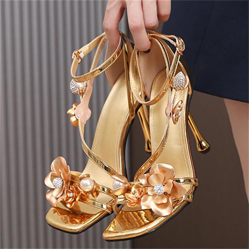 

Модный Роскошный Дизайн Цветок Пип-Тоу Женские Босоножки на Высоком Каблуке Женская Мода Тонкий Каблук Закрытый Каблук Стриптизер Пряжка Ремешок Вечеринка Женская Обувь 41 золотой