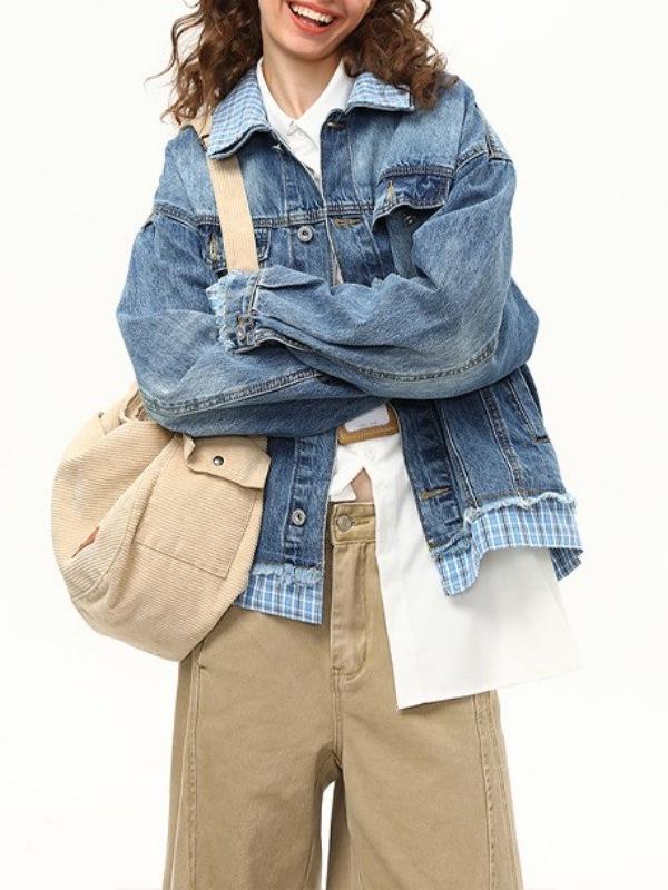 Unisex Trendy Plaid Patchwork Denim Jacket - American Retro Style