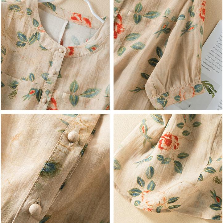 Sommeroberteile für Damen, literarisch, locker, Baumwolle, Leinen, Blumenmuster, Bluse, Rundhalsausschnitt, kurzärmelig