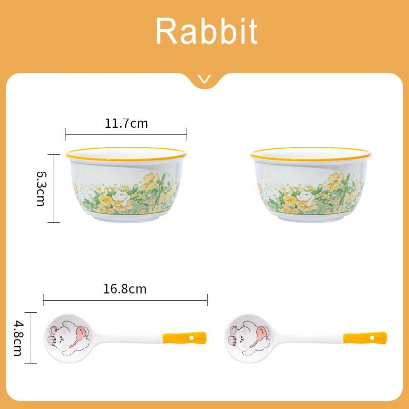 

Набор из 4 керамических мисок и ложек с милым кроликом и медведем, миска для риса, фруктовая салатница с цветочным узором, детская посуда, керамическая миска-ложка