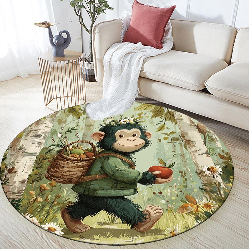 Forest Flower Basket Animals,Round Area Rug,Carpet Rug for Living Room Bedroom Sofa Playroom Decor,Non-slip Floor Mat