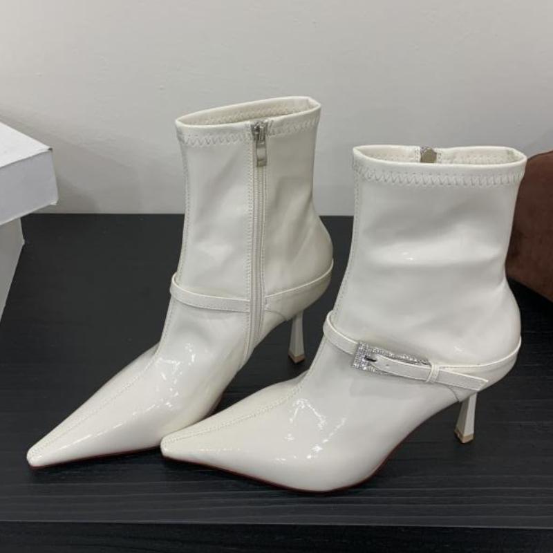 

Luxury Crystal Buckle Design Sexy Pointed Toe Women s Ankle Boots Patent Leather Side Zipper Short Boots Ladies Banquet Heels 35