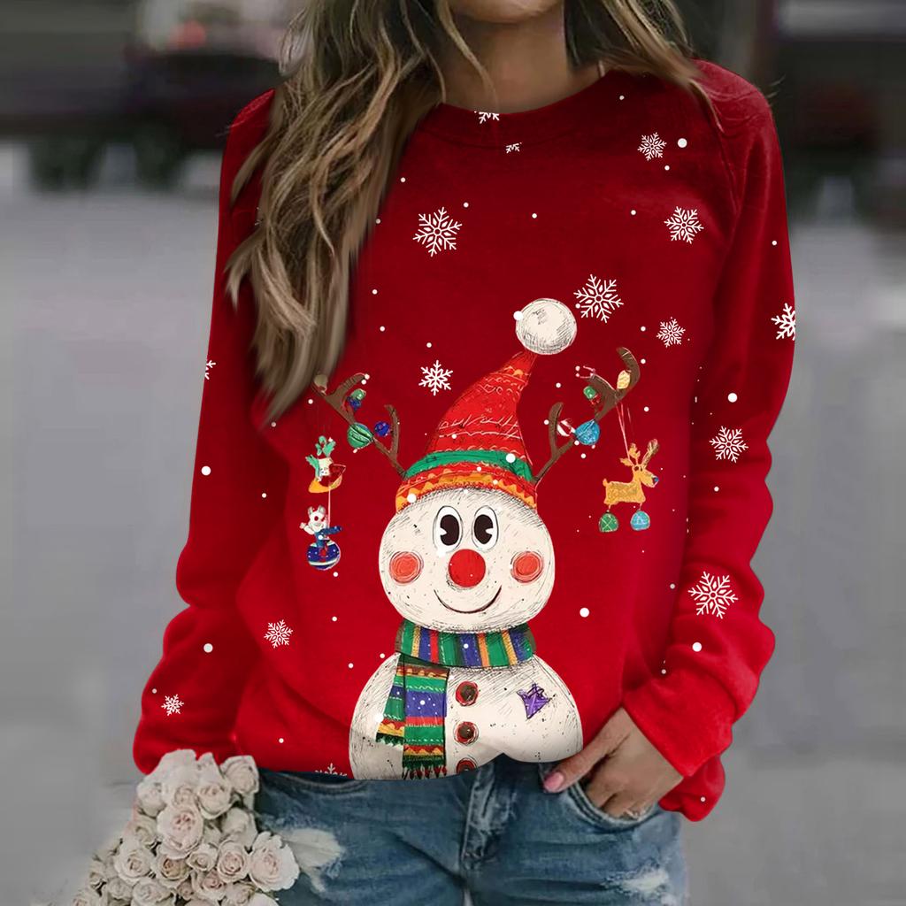 Women's Fashion Casual Long Sleeve Christmas Printed Neck Sweatshirt Top